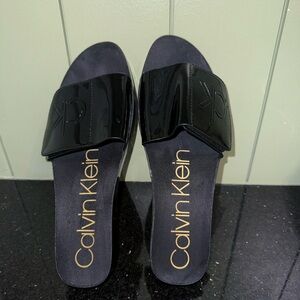 Calvin Klein Marlina Black Patent Leather Slide Sandals 🖤